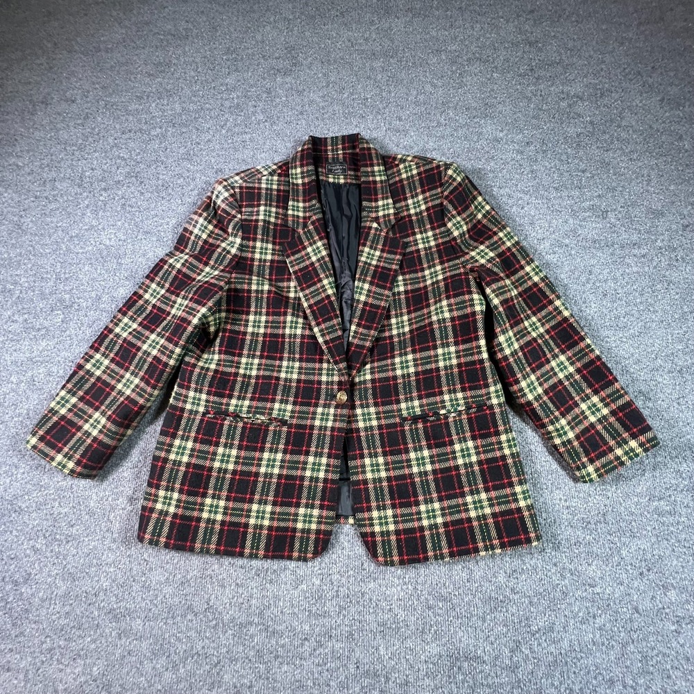 Vintage Southern Lady Blazer Coat Women's 14 Red Wool Plaid Notch-Lapel Preppy